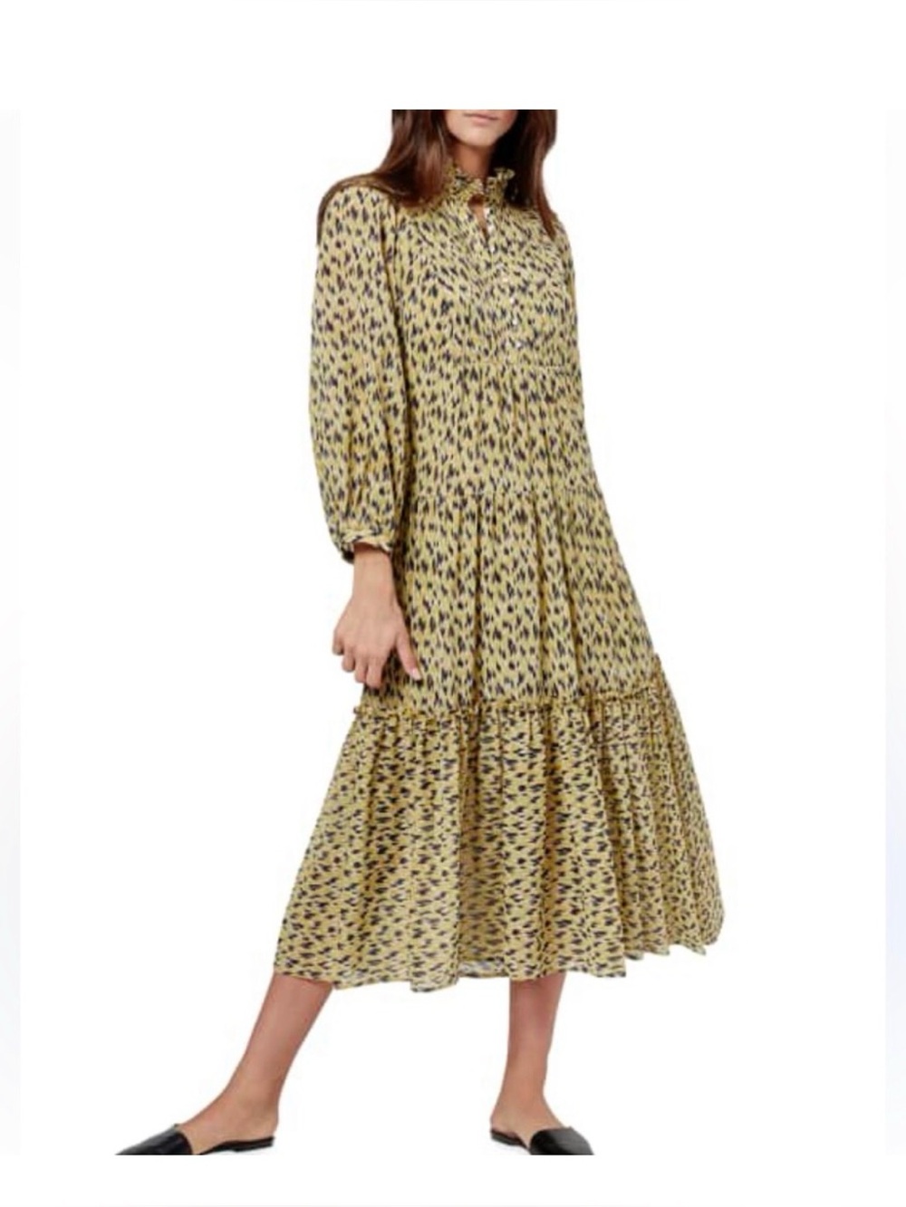 Joie Mustard and Black Printed Long Sleeve Midi Dress